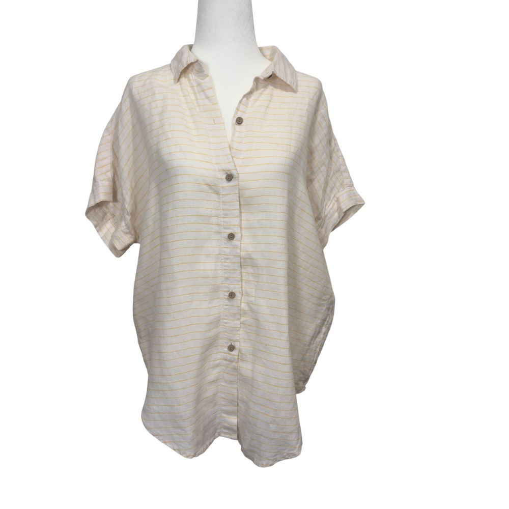 Cynthia Rowley Womens Yellow Striped 100% Linen Short Sleeve Button Down Shirt S
